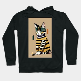 Striped Cat Swagger: Stylish Feline in Trendy Attire Hoodie